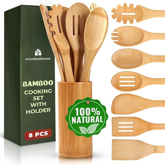 Bamboo Utensils 7 PCs with Holder – Bamboo Cooking Utensils Set + Holder for Nonstick – Wooden Spoon Sets for Cooking – Easy to Clean, Sturdy, Lightweight & Heat Resistant by Woodenhouse