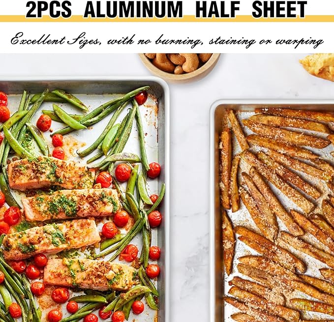 Commercial Quality Baking Sheet Pan Set, Natural Aluminum Cookie Sheet, Umite Chef Warp Resistant Baker's Half Sheet Pan, Large Thick Cookie Tray Pans for Baking, Roasting(2 Pack, 18X13In) - Image 5