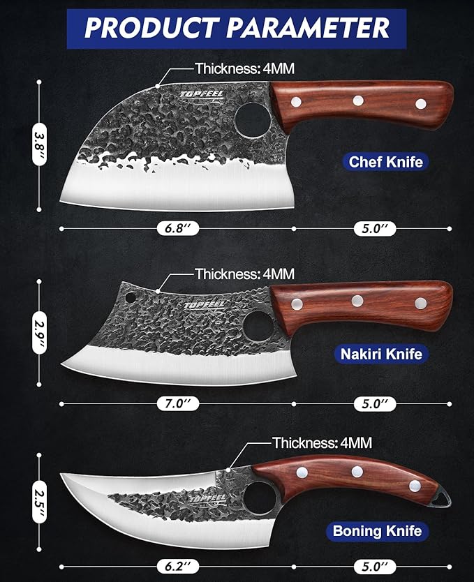 Topfeel 3PCS Butcher Knife Set, Hand Forged Serbian Chef Knives & Meat Cleaver & Viking Knives, Meat Cutting Kitchen Knife Set for Home, Outdoor Cooking, Camping BBQ Gift Idea Men - Image 6