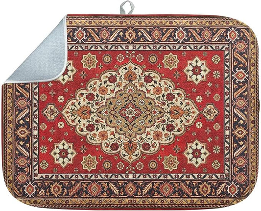 Sanwarm Absorbent Dish Drying Mat, Royal Red Moroccan Microfiber Pad for Kitchen Counter, Coffee Bar Decor, Heat Resistant and Reversible, 16" x 18"