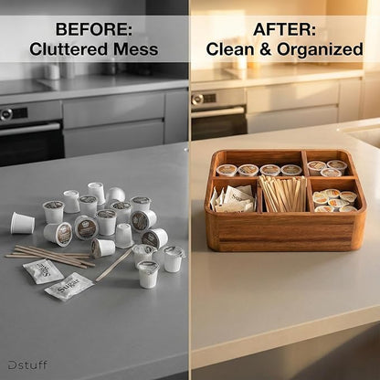 Dstuff Acacia Wood Coffee Station Organizer for Countertop, Tea Organizer and Holder, Coffee Bar Caddy with Multiple Compartments for Home and Office Decor - Image 4