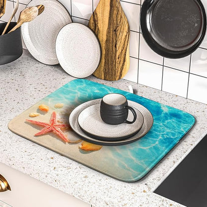 Giwawa Coastal Starfish Dish Drying Mat 16"x18" Ocean Blue Sea Coral Seashell Dish Drainer Mats Nautical Beach Themed Decorative Reversible Dish Drying Pad for Kitchen Countertop Dining Room