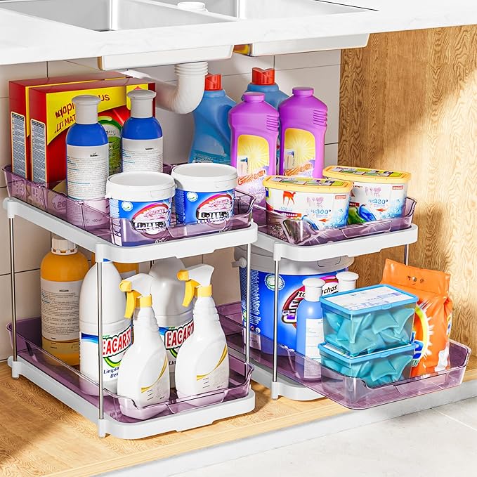 Delamu 2-Tier Multi-Purpose Bathroom Under Sink Organizers and Storage, Stackable Kitchen Pantry Organization, Pull Out Medicine Cabinet Organizer with Movable Dividers, Purple, 2 Pack - Image 5