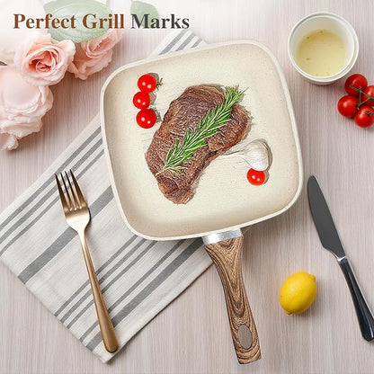 3 Pcs Pots and Pans Set, Nonstick & Non-Toxic Healthy Pots and Pans with Wooden Handle, Durable Skillet Indoor & Outdoor Use, All Stovetops Compatible, PFOA Free, White
