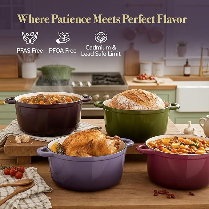 Vintage Style 4.5 Quart Dutch Oven Pot with Lid, Non Stick Enameled Cast Iron Dutch Oven for Bread Baking, Heavy-Duty, Oven Safe Ceramic Cookware Up to 500°F for Baking, Braising, Stews, Roasting, Purple - Image 2