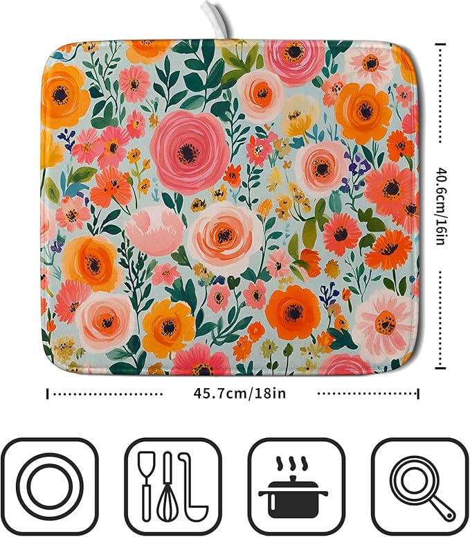 Spiral Flower Dish Drying Pad - Spring Bold Floral Printd Kitchen Countertop Cloth Pad for Home Decorative - Image 2