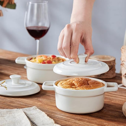Lareina Mini Cocotte - 12oz Ceramic Casserole Dishes - Kitchen Casserole Sets With Handles And Lid - Small Baking Ramekins - Oven, Microwave & Dishwasher Safe - Set of 4 - White - Image 5