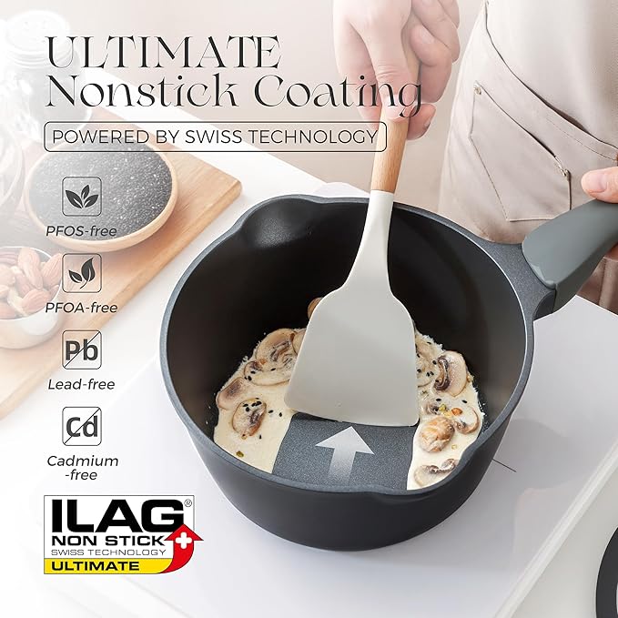 PRICUSIS Nonstick Saucepan with Lid, 2 Quart Non Toxic Pot with Pour Spouts, Full Coated, 100% Dishwasher Safe, Induction Compatible & Oven Safe, PFOS & PFOA Free, Black Sesame - Image 2