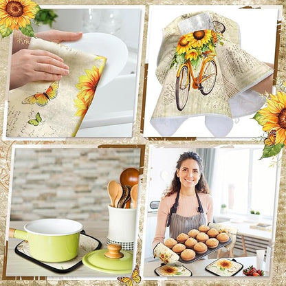 Fourluoo 10 Pcs Sunflower Kitchen Dish Towels Rugs Oven Mitts and Pot Holders Set Farmhouse Kitchen Decor Set for Women Mom Daughter Gift Cooking Baking Grilling (Retro Yellow)