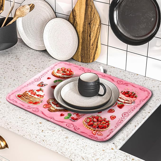 Pink Strawberry Dish Drying Mat for Kitchen Counter Washable Absorbent Dish Draining Mat 16×18in - Image 5