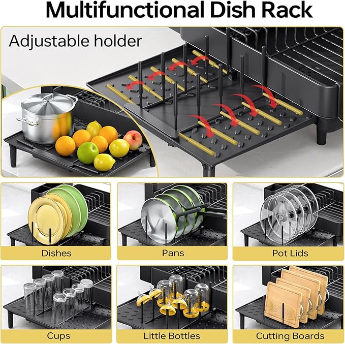 Urackify Dish Drying Rack for Kitchen Counter, 304 Stainless Steel Dish Rack, Expandable Dish Drainer, Foldable Dish Strainer with Cutlery Holder, Kitchen Plate Rack (Black, Large Size)