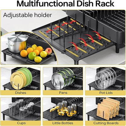 Urackify Dish Drying Rack for Kitchen Counter, 304 Stainless Steel Dish Rack, Expandable Dish Drainer, Foldable Dish Strainer with Cutlery Holder, Kitchen Plate Rack (Black, Large Size)