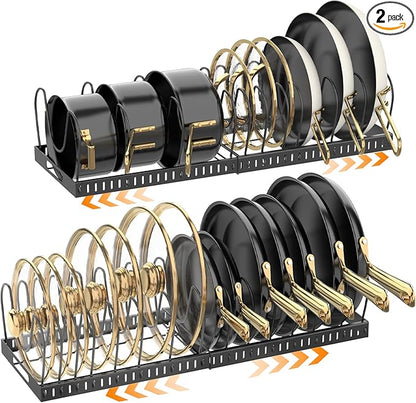 2PACK Expandable (12"-24") Pots and Pans Organizer Under Cabinet with 32 Adjustable Dividers for Kitchen, Pot Lid Organizers Inside Cabinet, Pan Lid Holder, Rust-Resistant Lid Storage, Easy to Clean