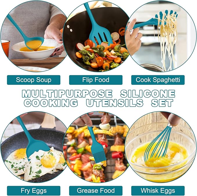 E-far Silicone Cooking Utensils Set, 24Pcs Heat Resistant Kitchen Utensil with Holder, Silicone Kitchen Tools with Spatula Turner Spoon Tongs Whisk, Non-Toxic & Dishwasher Safe (Blue) - Image 3