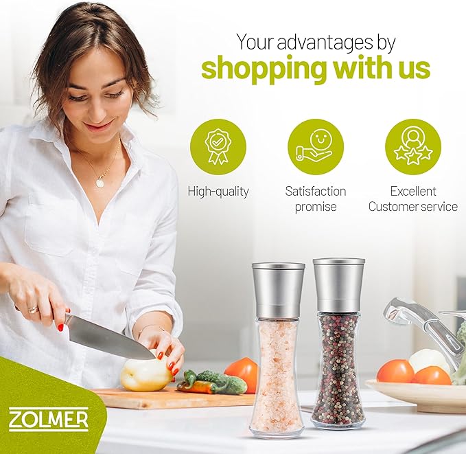 ZOLMER® Premium Stainless Steel Salt and Pepper Grinder Set manual | Adjustable Ceramic Grinder for Salt and Pepper, Chili and more - Big Silver [No Spices Included]