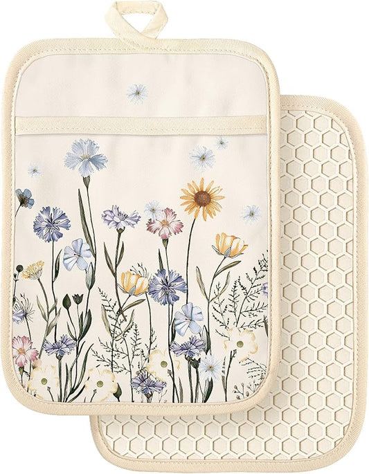 Slohif Silcone Flower Pot Holders for Kitchen - 100% Cotton Beige Oven Potholders with Pockets, Heat Resistant Square Thick Hot Pads, House New Home Baking Baker Gifts,2pack