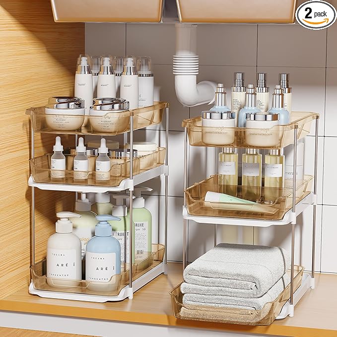 Delamu 2 Pack 3-Tier Bathroom Under Sink Organizers and Storage, Multi-Purpose Stackable Pantry Organization and Storage, Pull Out Clear Kitchen Bathroom Cabinet Organizer with Movable Dividers, Amber by DELAMU