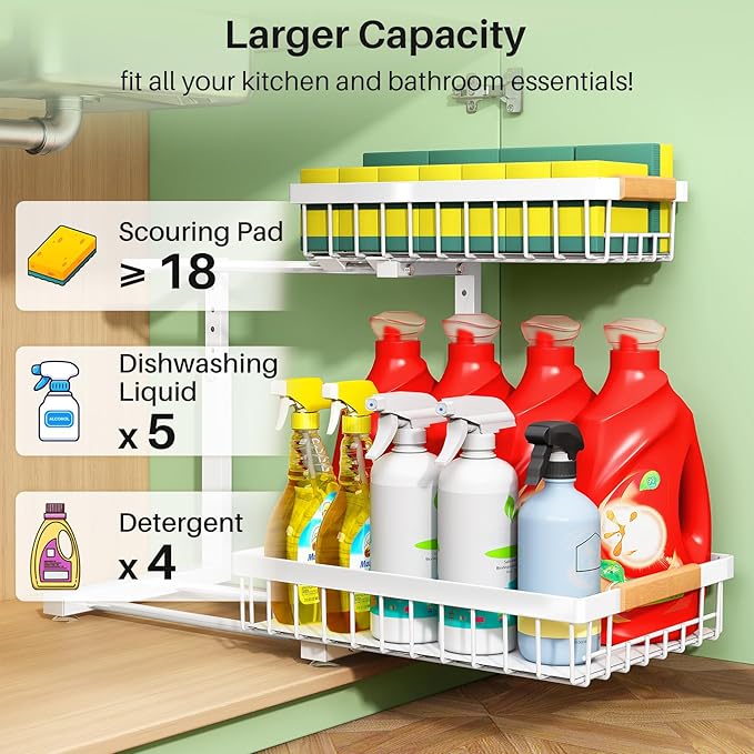 Kitstorack Under Sink Organizer, 2 Tier Under the Sink Storage, Slide out Pull out Cabinet Organizer Shelf, Metal Sliding Drawer for Kitchen Bathroom Pantry Closet Organization Rack, White, 1 Pack - Image 3