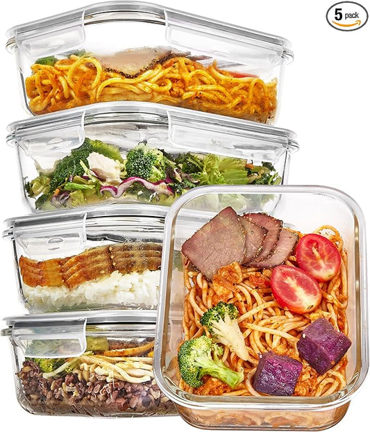 Vtopmart 5 Pack 35oz Glass Food Storage Containers with Lids, Meal Prep Containers, Airtight Reusable Lunch Container Set, Safe for Oven, Microwave, Freezer, and Dishwasher, Grey by Vtopmart
