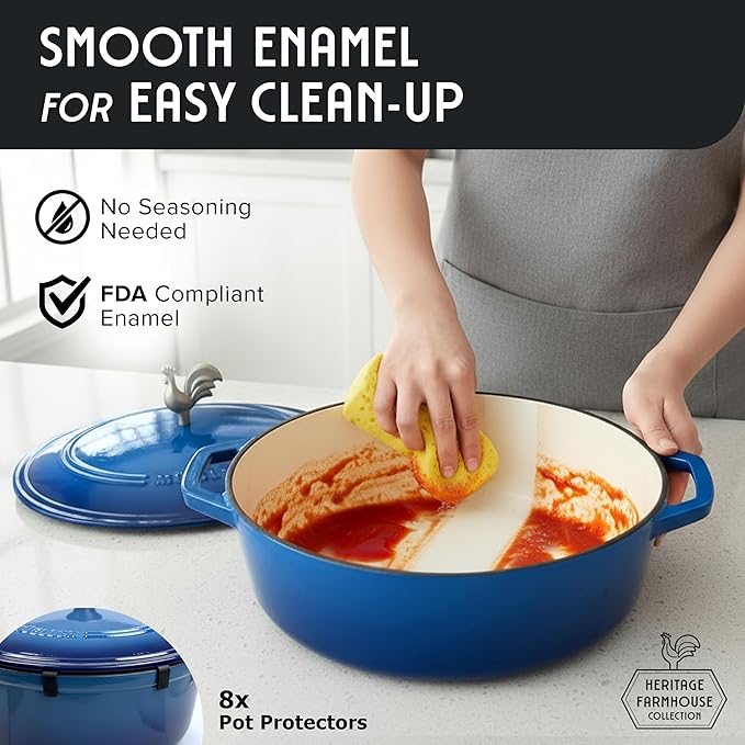 MUELLER HOME 5.5 Quart Enameled Cast Iron Oval Dutch Oven w Rooster Knob & Cotton Potholders, Heavy-Duty Cookware, Oven-Safe up to 500° F & Across All Cooktops, Gifts for Grandma & Women, Aqua Blue - Image 7