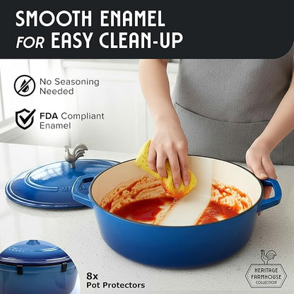 MUELLER HOME 5.5 Quart Enameled Cast Iron Oval Dutch Oven w Rooster Knob & Cotton Potholders, Heavy-Duty Cookware, Oven-Safe up to 500° F & Across All Cooktops, Gifts for Grandma & Women, Aqua Blue - Image 7