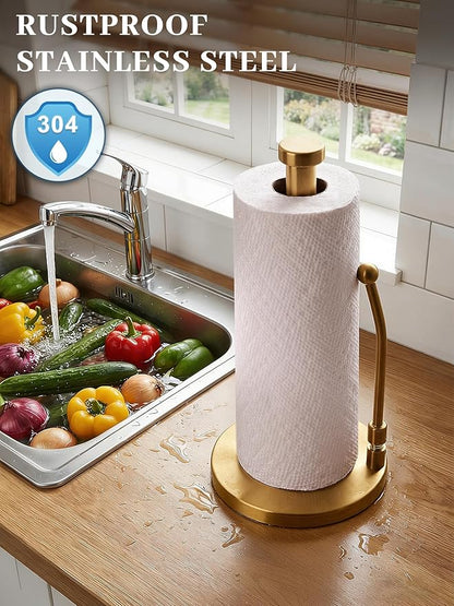 SMARTAKE Paper Towel Holder, Paper Towel Dispenser Standing Weighted Base Non Slip, Spring Arm Fit Most Size Paper Roll, Stainless Steel Kitchen Roll Stand for Home Kitchen Countertop Tabletop, Gold - Image 3