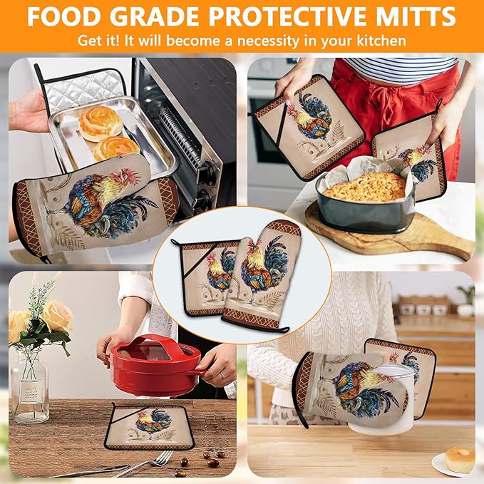 Rooster Oven Mitts and Pot Holders Sets 4Pcs,Extra Long Oven Gloves Potholder for Kitchen Cooking Baking BBQ 100% Cotton Heat Resistant - Image 7
