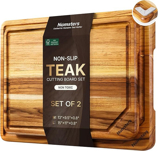 2 Pack Teak Cutting Board for Kitchen Non Toxic Wooden Chopping Board Charcuterie Board Non Slip Over Sink NOT Bamboo Stainless Steel Titanium Acrylic Acacia Olive Glass Plastic Silicone Metal by Unknown