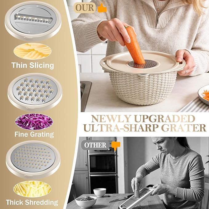 4-1 Colander with Bowl Set - Rotatable Colander for Kitchen (Patented), Upgraded Graters Food Strainers for Pasta Fruits and Vegetables, Funny Presents for Women, Aesthetic Kitchen Gadget - Beige - Image 5