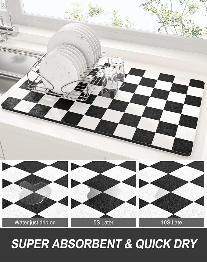 Rnivvi Dish Drying Mat for Kitchen Counter, XL 15 x 24" Cute Checkered Absorbent Draining Pad, Non-Slip Heat Resistant Coffee Bar Mat for Coffee Machine Station Accessories, Black White Dish Rack Pad - Image 3