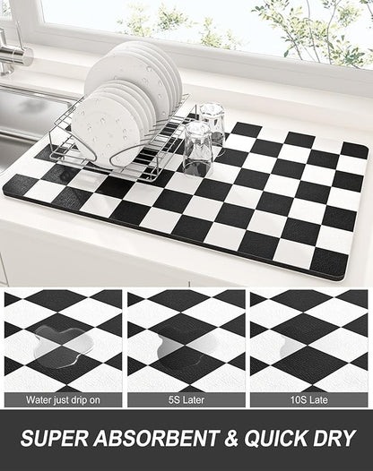 Rnivvi Dish Drying Mat for Kitchen Counter, XL 15 x 24" Cute Checkered Absorbent Draining Pad, Non-Slip Heat Resistant Coffee Bar Mat for Coffee Machine Station Accessories, Black White Dish Rack Pad - Image 3