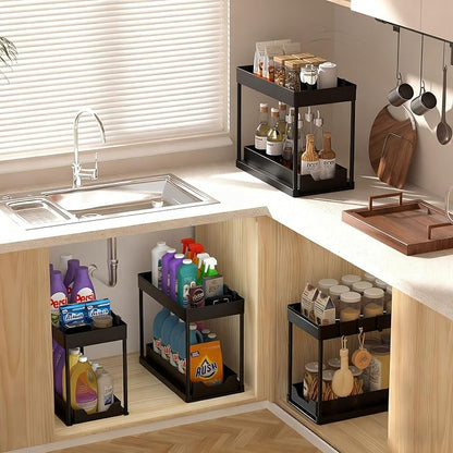 Under Sink Organizers 2 Pack, Pull-Out Sliding Cabinet Organizer with 2-Tier Storage Shelf & 4 Hooks, Multi-Purpose for Kitchen & Bathroom (13 Inch, Black) - Image 8