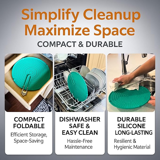 Silicone Splatter Screen for Frying Pan, 13” Green – Grease & Oil Splatter Guard, Heat Resistant, Dishwasher Safe, Foldable Handle with Sleeves – Splash Guard Fits 10–12” Pans, Most 13” Skillets - Image 6