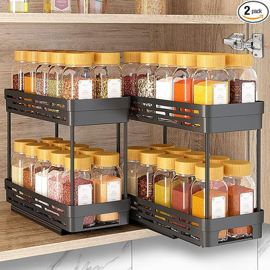 2 Pack Pull Out Spice Rack Organizer for Cabinet, Slide Out Spice Racks Organizer, Spice Cabinet Organizers, Cabinet Size Need:12'' Highx11'' Deepx5'' Wide,Hold 10 Spice Jar Each Tier-2Tier, Black by DABIGE