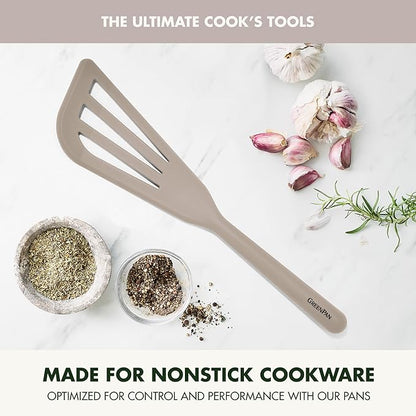 GreenPan Silicone Fish Turner Spatula, Slotted Cooking Kitchen Utensil, Flexible Rubber Nonstick Cookware, Rigid Steel Core, Heat-Resistant, Anti-Slip Handle, BPA-Free, Dishwasher Safe, Taupe - Image 2