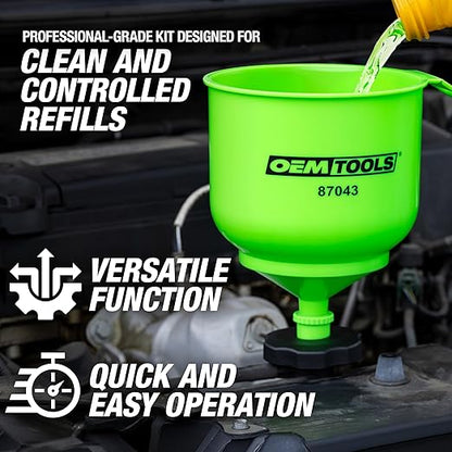 OEMTOOLS 87043 No-Spill Professional Quality Coolant Funnel Kit, Easily Fill Antifreeze Coolant Set Includes 5 Adapters, Extensions, and Automotive Funnel, Air Venting, Drip-Free, Green - Image 2
