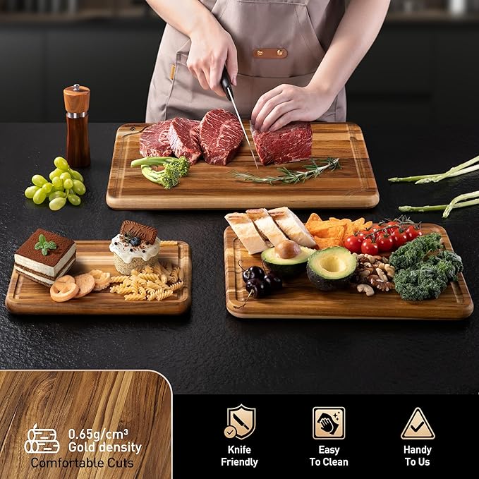 Teak Wood Cutting Board Set for Kitchen High-End Non Toxic Non Slip Over Sink Solid Thick Wood Haus Chopping Board Extra Large Big Small Best Kitchen Essential House Warming Hostess Host Gift - Image 5