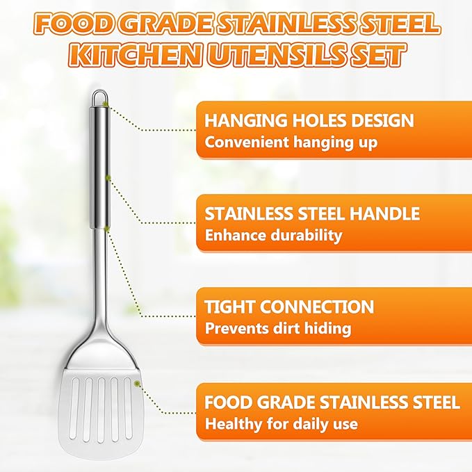 E-far Stainless Steel Cooking Utensils, 4-Piece Heat Resistant Kitchen Utensils Set, Non-toxic Metal Kitchen Tools Spatulas Set Including Soup Ladle, Slotted/Solid Turner, Skimmer, Dishwasher Safe - Image 8