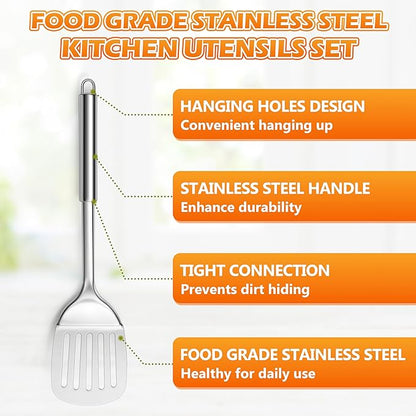 E-far Stainless Steel Cooking Utensils, 4-Piece Heat Resistant Kitchen Utensils Set, Non-toxic Metal Kitchen Tools Spatulas Set Including Soup Ladle, Slotted/Solid Turner, Skimmer, Dishwasher Safe - Image 8