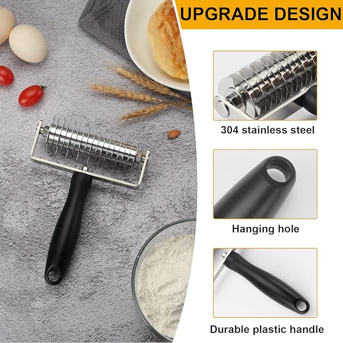 Pastry Lattice Roller Cutter, Stainless Steel Multi-Wheel Dough Cutter with Comfortable Grip Handle, Pie Crust Strip Cutters for Pastry, Pizza Dough, Bread & Beef Wellington