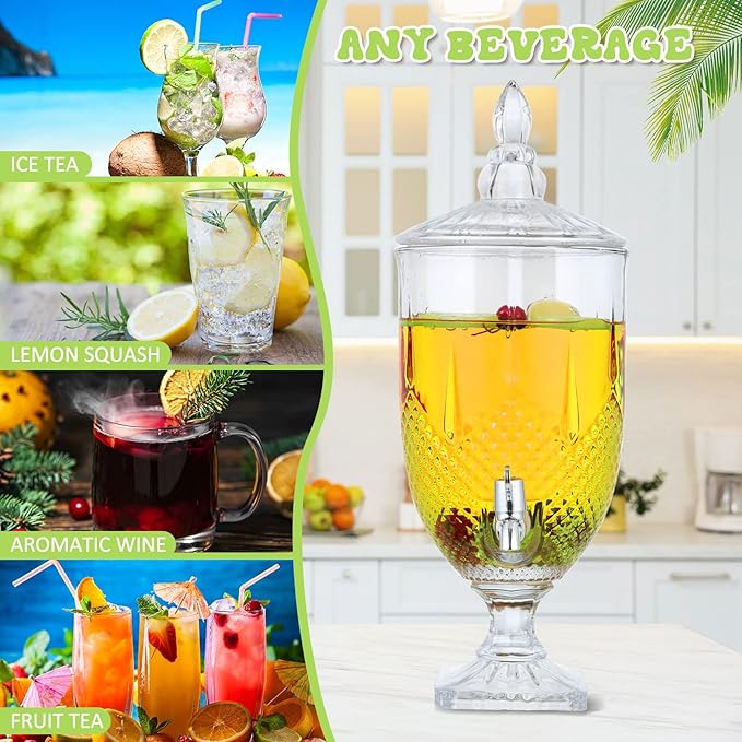 Bokon 2 Pieces Drink Dispensers for Parties Crystal Iced Beverage Dispenser with Stand and Spigot, Glass Liquid Containers Wide Mouth Beverage Server for Juice Tea Wedding (Exquisite) - Image 4