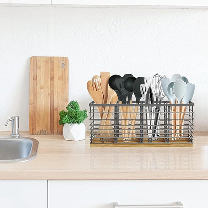 Suli Extra Large Kitchen Utensil Holder Countertop with 4 Compartments,Grey Metal holder with Wooden Base for Countertop,Farmhouse Utensil Organizer for counter,Rustic Cooking Utensil Organizer - Image 8