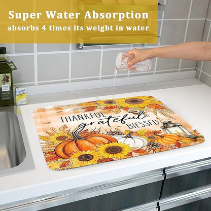 Giwawa Autumn Pumpkins Dish Drying Mat for Kitchen Countertop, Fall Sunflowers Thankful Grateful Blessed Dish Drainer Mats 18x24in, Thanksgiving Harvest Decorative Reversible Dish Drying Pad