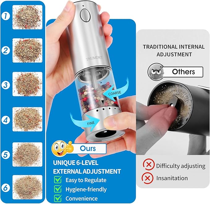 Electric Salt and Pepper Grinder Set Stainless steel,Large Capacity Automatic Pepper Mill Grinder with Upgraded Rechargeable Base and LED Light, Variable Grinding Speed, External Adjustable Coarseness