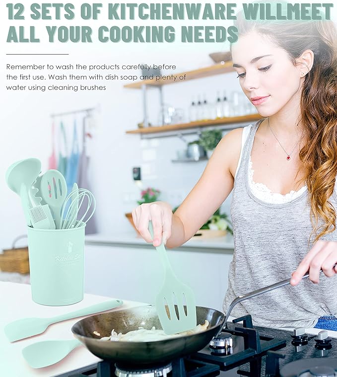Kitchen Utensils Set-12 Pieces Silicone Cooking Utensils Set (Dishwasher Safe) 392°F Heat Resistant Spatula Set,Kitchen Utensil Set for Nonstick Cookware,Best Kitchen Tools with Holder - Image 7