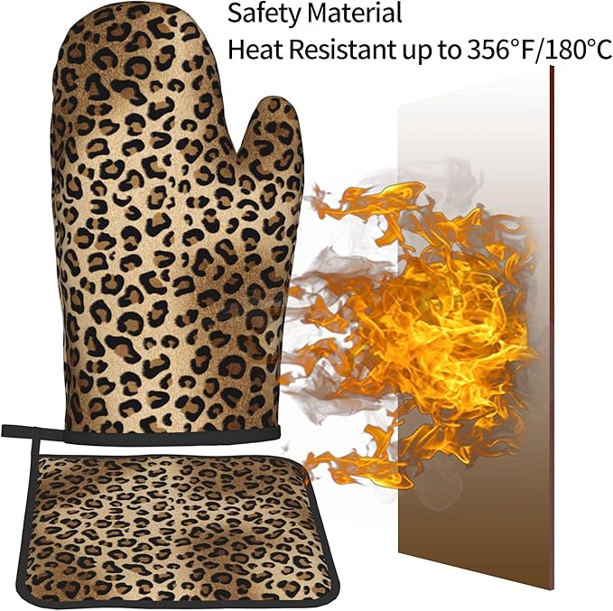 Leopard Print Oven Mitts - Brown Oven Mitts and Pot Holders Sets of 2 Animal Print Kitchen Mitts Hot Pads for Baking Grilling - Image 5