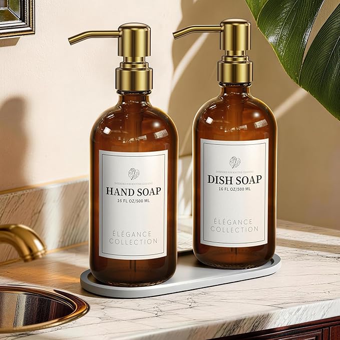 Amber Glass Soap Dispenser Set of 2, 16oz Hand and Dish Soap Dispenser for Kitchen & Bathroom, Gold Stainless Steel Pump, Non-Slip Base, 14 Waterproof Labels, Organic Decor by FachixyUS