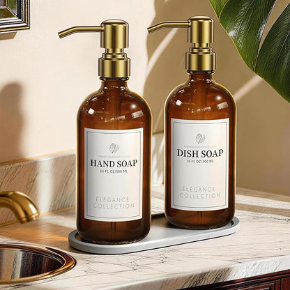 Amber Glass Soap Dispenser Set of 2, 16oz Hand and Dish Soap Dispenser for Kitchen & Bathroom, Gold Stainless Steel Pump, Non-Slip Base, 14 Waterproof Labels, Organic Decor by FachixyUS