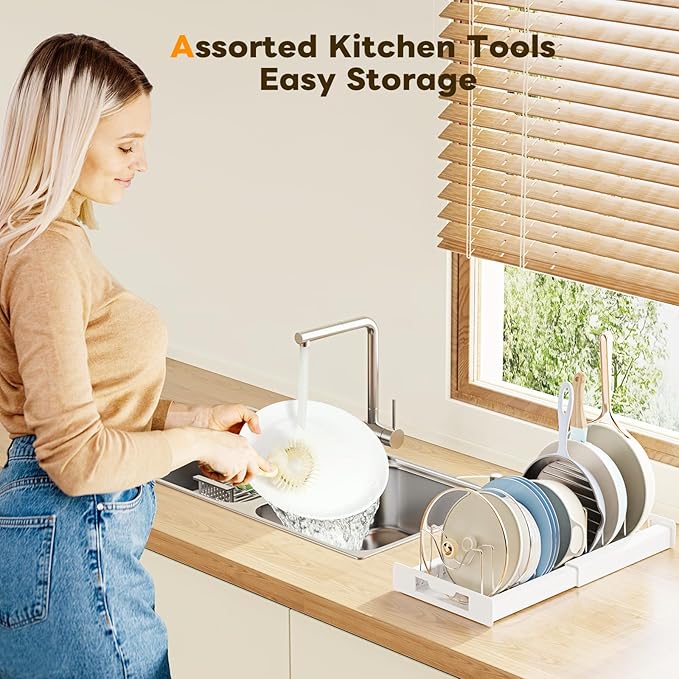 Dayacoco Pot and Pan Organizer, Expandable Pot Organizers Inside Cabinet, Pots and Pans Organizer under Cabinet with 10 Adjustable Compartments for Kitchen Cabinet,Frying Rack, Lid, Cookware, 2 Pcs - Image 7