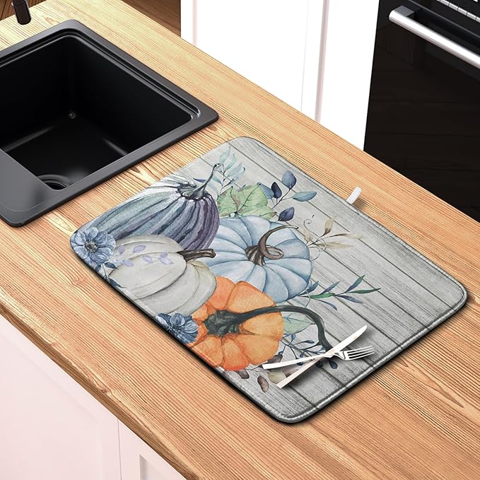 Fall Blue Orange Grey Pumpkin Kitchen Dish Drying Mat for Kitchen Counter 18x24 Inch Autumn Teal Flowers Drying Mat Thanksgiving Harvest Dish Drainer Mat Super Absorbent Dish Rack Pad for Coffee Bar - Image 6
